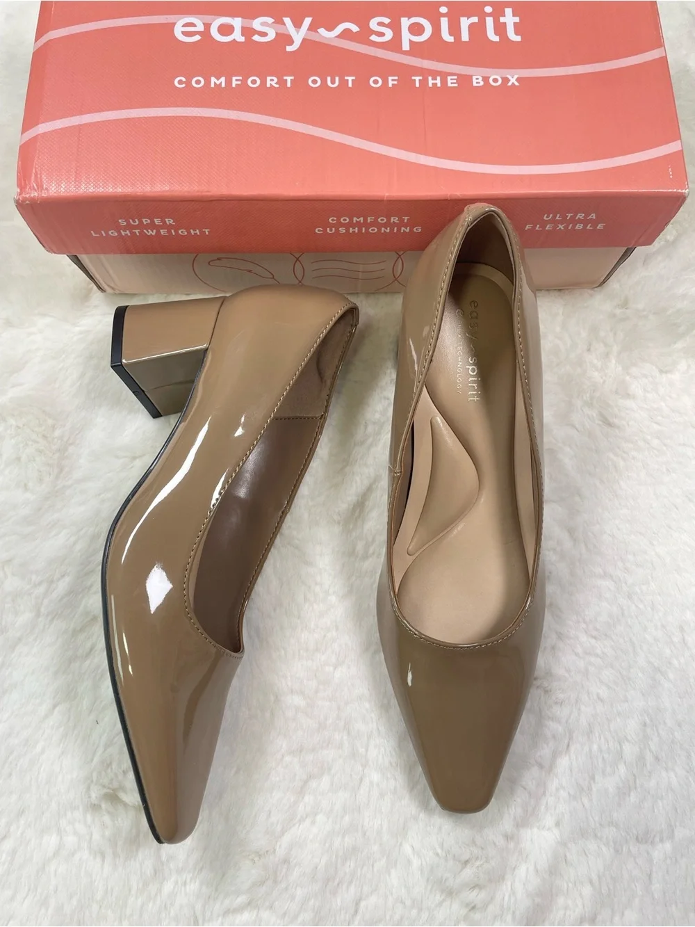 NWB Easy Spirit Nude Patent Pointed-Toe Block Heel Pumps, Size 6.5M